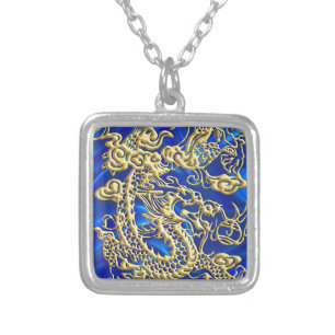 Embossed Gold Dragon on Blue Satin Print Silver Plated Necklace