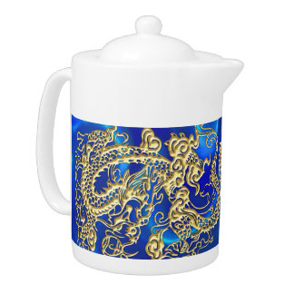 Embossed Gold Dragon on Blue Satin Print Teapot