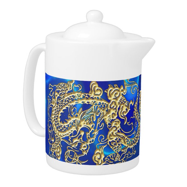 Embossed Gold Dragon on Blue Satin Print Teapot (Left)