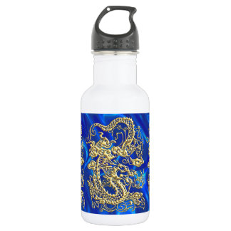 Embossed Gold Dragon on Blue Satin Print Water Bottle