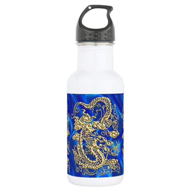 Embossed Gold Dragon on Blue Satin Print Water Bottle (Front)
