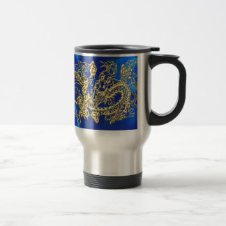 Embossed Gold Dragon on Blue Satin Travel Mug