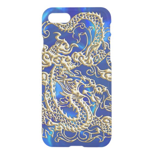 Embossed Gold Dragon on Blue Satin iPhone SE87 Case