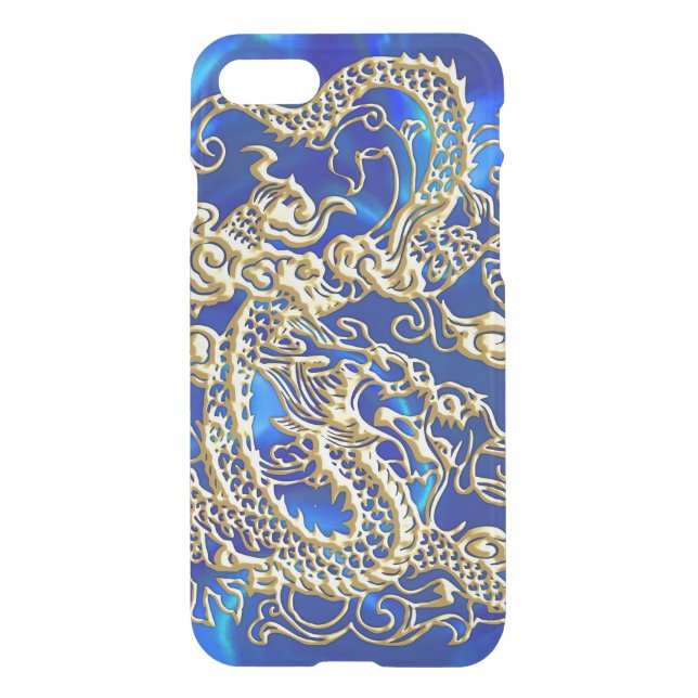 Embossed Gold Dragon on Blue Satin Uncommon iPhone Case (Back)