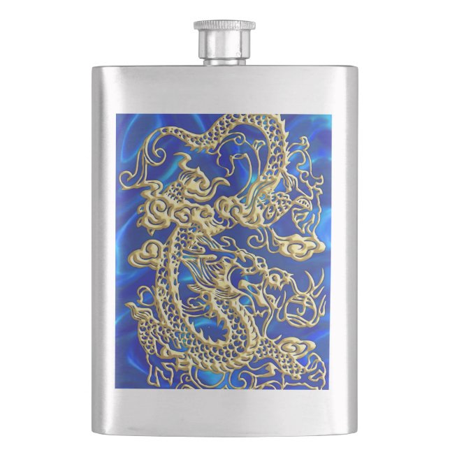 Embossed Gold Dragon on BlueSatin Print Hip Flask (Front)