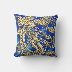 Embossed Gold Dragon on BlueSatin Print Throw Pillow