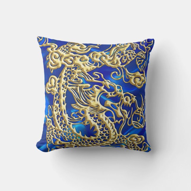 Embossed Gold Dragon on BlueSatin Print Throw Pillow (Front)