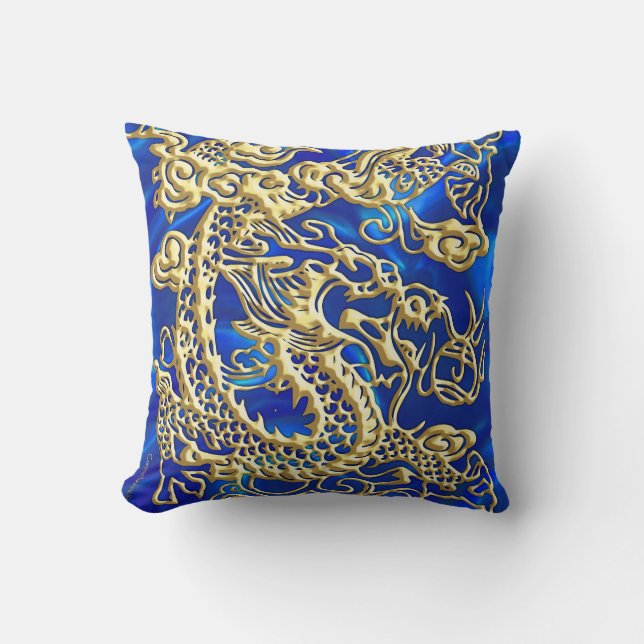 Embossed Gold Dragon on BlueSatin Print Throw Pillow (Front)
