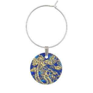 Embossed Gold Dragon on BlueSatin Print Wine Glass Charm