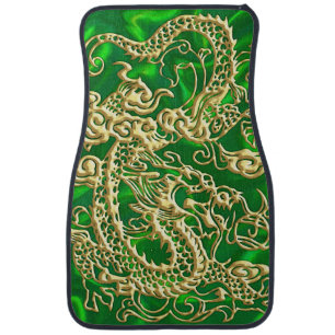 Embossed Gold Dragon on Green Satin Car Floor Mat