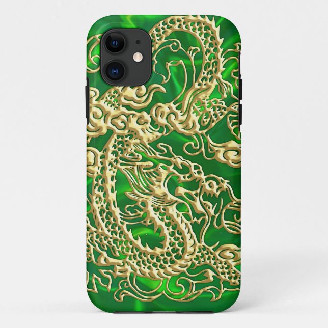 Embossed Gold Dragon on Green Satin iPhone Case (Back)