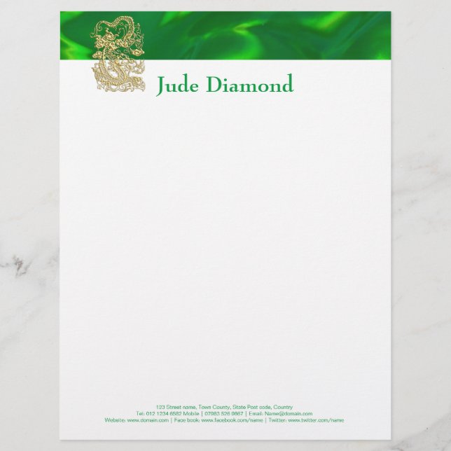 Embossed Gold Dragon on Green Satin Letterhead (Front)