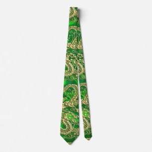 Embossed Gold Dragon on Green Satin Neck Tie
