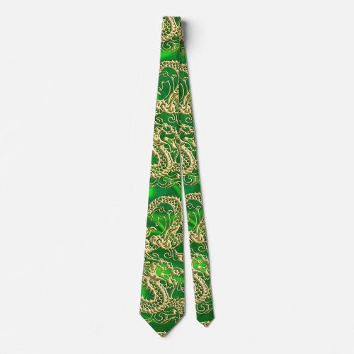 Embossed Gold Dragon on Green Satin Neck Tie