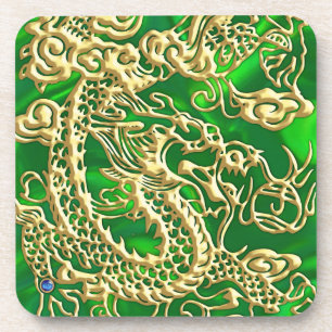 Embossed Gold Dragon on Green Satin Print Beverage Coaster