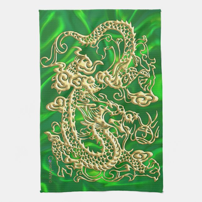 Embossed Gold Dragon on Green Satin Print Kitchen Towel (Vertical)