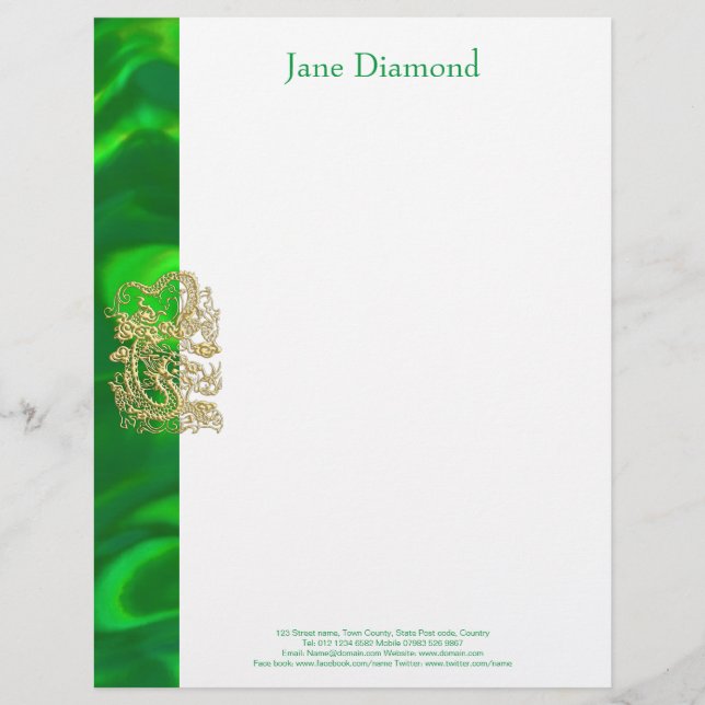 Embossed Gold Dragon on Green Satin Print Letterhead (Front)