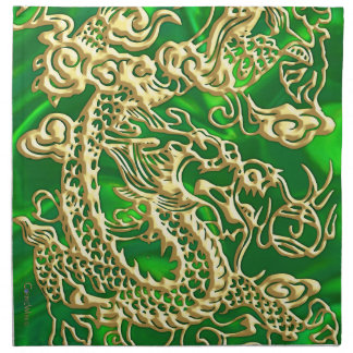 Embossed Gold Dragon on Green Satin Print Napkin
