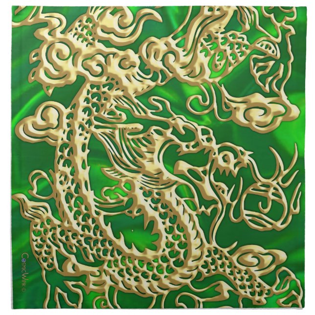 Embossed Gold Dragon on Green Satin Print Napkin (Front)