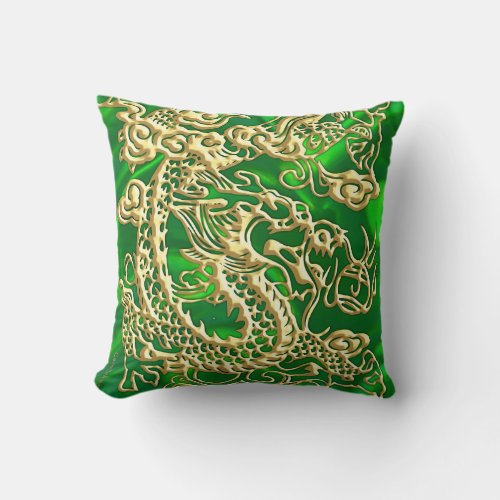 Embossed Gold Dragon on Green Satin Print Throw Pillow