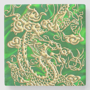Embossed Gold Dragon on Green Satin Stone Coaster