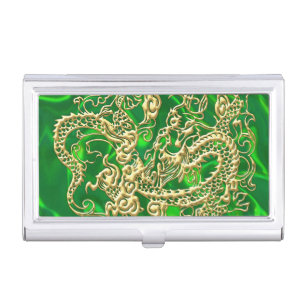 Embossed Gold Dragon on Green Satin Textured Print Business Card Holder