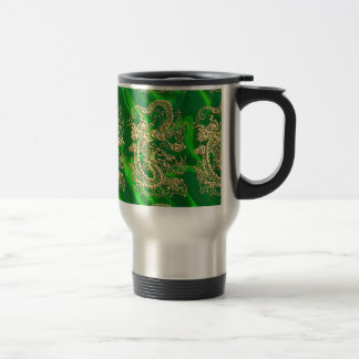 Embossed Gold Dragon on Green Satin Textured Print Travel Mug