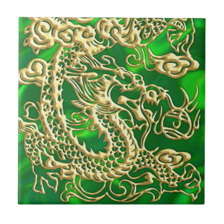 Embossed Gold Dragon on Green Satin Tile