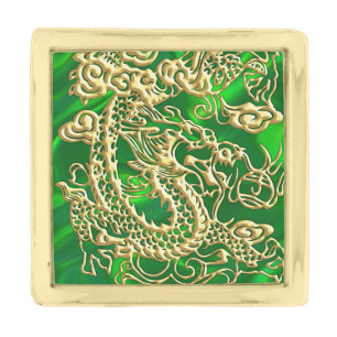 Embossed Gold Dragon on GreenSatin Print Finish Lapel Pin