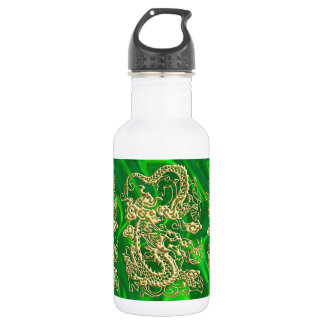 Embossed Gold Dragon on GreenSatin Print Water Bottle