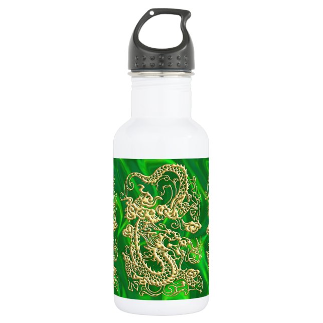 Embossed Gold Dragon on GreenSatin Print Water Bottle (Front)