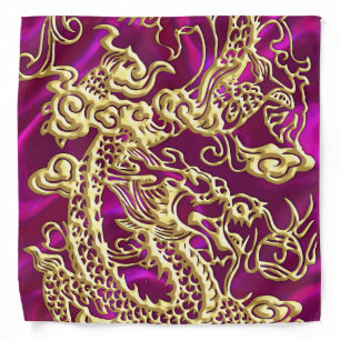 Embossed Gold Dragon on Magenta Satin Print Bandana