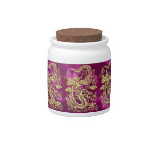 Embossed Gold Dragon on Magenta Satin Print Candy Jar