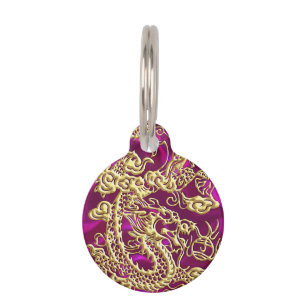 Embossed Gold Dragon on Magenta Satin Print Pet Name Tag
