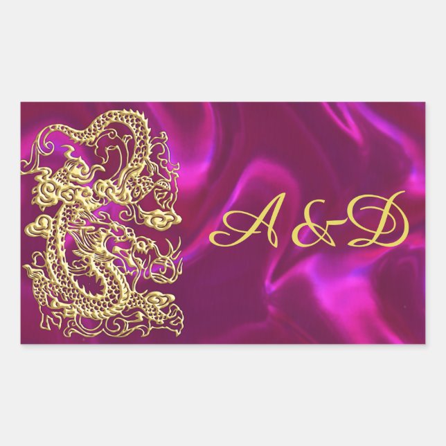 Embossed Gold Dragon on Magenta Satin Print Rectangular Sticker (Front)