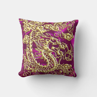 Embossed Gold Dragon on Magenta Satin Print Throw Pillow