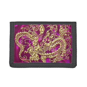 Embossed Gold Dragon on Magenta Satin Print Tri-fold Wallet