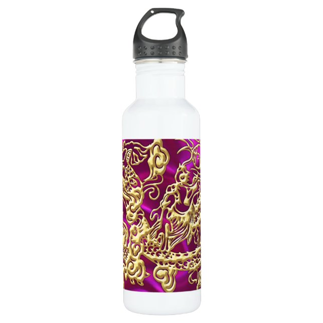 Embossed Gold Dragon on Magenta Satin Print Water Bottle (Front)