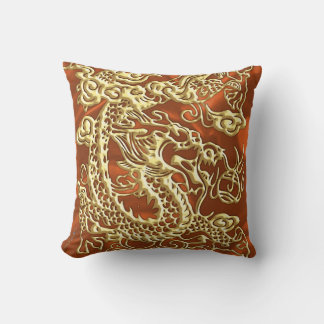 Embossed Gold Dragon on Orange Satin Print Throw Pillow