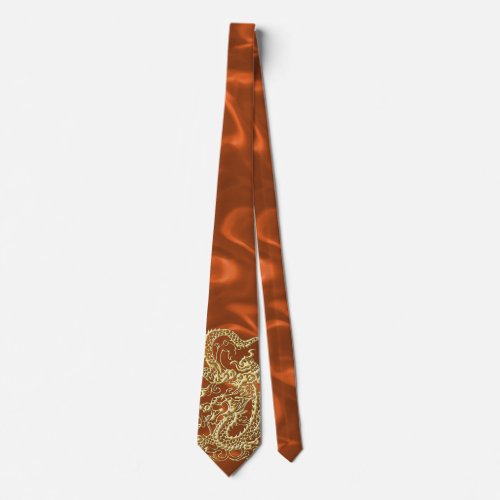 Embossed Gold Dragon on Orange Satin Print Tie