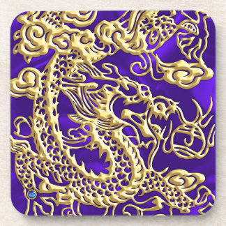 Embossed Gold Dragon on Purple Satin Print Drink Coaster