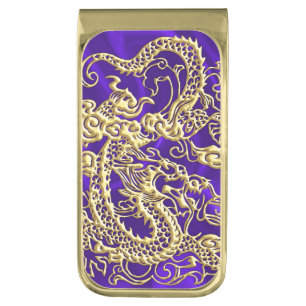 Embossed Gold Dragon on Purple Satin Print Gold Finish Money Clip