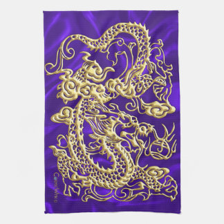 Embossed Gold Dragon on Purple Satin Print Kitchen Towel