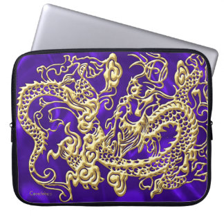 Embossed Gold Dragon on Purple Satin Print Laptop Sleeve
