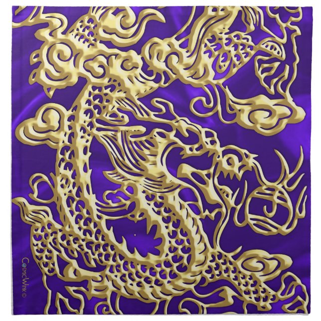 Embossed Gold Dragon on Purple Satin Print Napkin (Front)