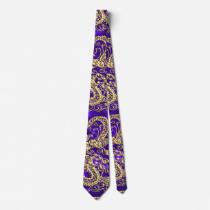 Embossed Gold Dragon on Purple Satin Print Neck Tie