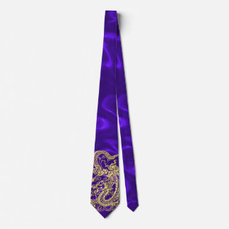 Embossed Gold Dragon on Purple Satin Print Neck Tie