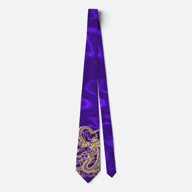 Embossed Gold Dragon on Purple Satin Print Neck Tie (Front)