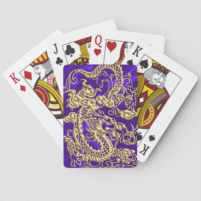 Embossed Gold Dragon on Purple Satin Print Poker Cards (Back)