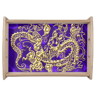 Embossed Gold Dragon on Purple Satin Print Serving Tray
